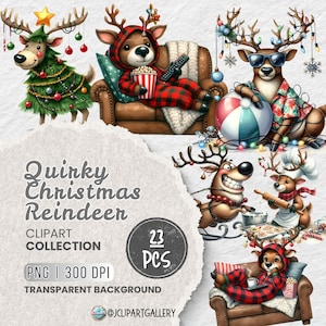 Quirky Reindeer Funny Christmas Clipart PNG, Whimsical Holiday Graphics, Xmas Silly Animals Tangled in Lights Graphics, DTF, Junk Journal
