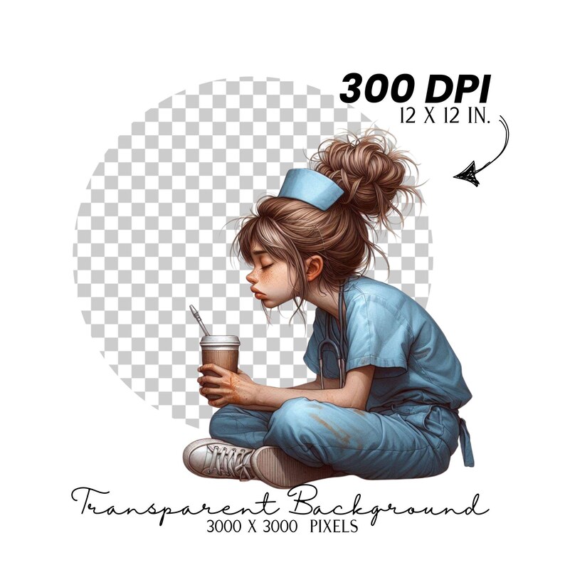 K&ouml;nnte beinhalten: Eine Comic-Illustration einer jungen Frau, die eine blaue medizinische Uniform und eine wei&szlig;e M&uuml;tze tr&auml;gt. Sie sitzt mit gekreuzten Beinen und h&auml;lt eine braune Papiertasse mit einem Strohhalm. Der Hintergrund ist transparent.