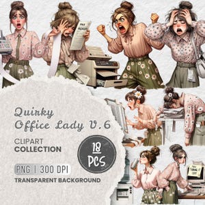 Quirky Office Lady Clipart, Work Life Humor & Planner Sticker, Office Chaos Clip Art, Exhausted Employee Clipart, Projects, Sublimation, DIY