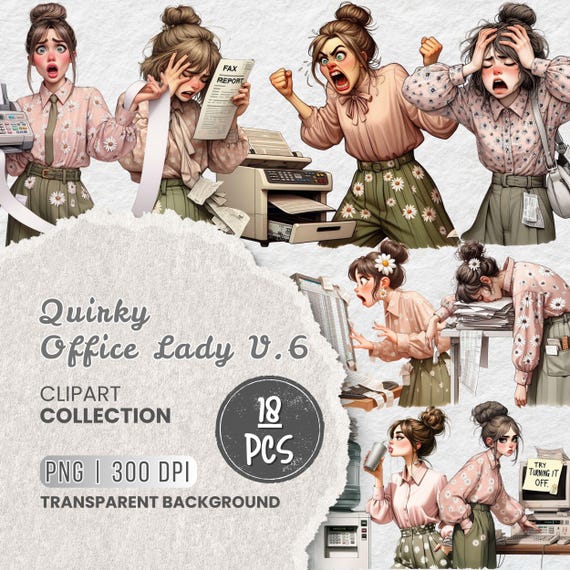 Quirky Office Lady Clipart, Work Life Humor & Planner Sticker, Office Chaos Clip Art, Exhausted Employee Clipart, Projects, Sublimation, DIY