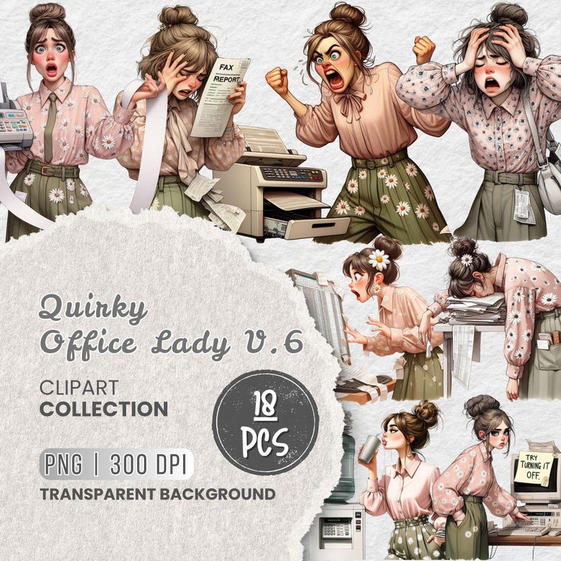 K&ouml;nnte beinhalten: Eine digitale Clipart-Sammlung mit dem Titel "Quirky Office Lady v.6" mit 18 PNG-Bildern mit transparentem Hintergrund. Die Illustrationen zeigen eine Frau in verschiedenen stressigen B&uuml;roszenarien. Die Bilder enthalten einen Faxbericht und den Text "Try Turning It Off."