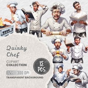 Op de afbeelding: Een digitale clipartcollectie getiteld "Quirky Chef" met 15 cartoon illustraties van chefs in verschillende komische kooksituaties. De chefs worden afgebeeld in witte uniformen en koksmutsen, met expressieve gezichten. De afbeeldingen zijn in PNG-formaat met een transparante achtergrond.