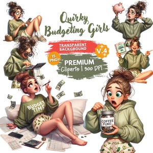 Quirky Budgeting Girls Clipart, Relatable Financial Chaos, Money Stress Clipart, Funny Planner Girls, Projects, Sublimation, Digital Sticker