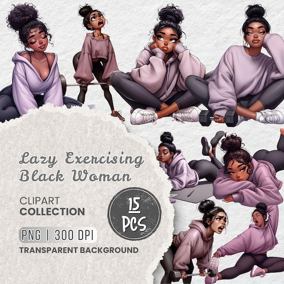 Lazy Exercising Black Woman Clipart, Diet Black Girl, Funny Workout Fitness PNG for Planners, Projects, Crafts