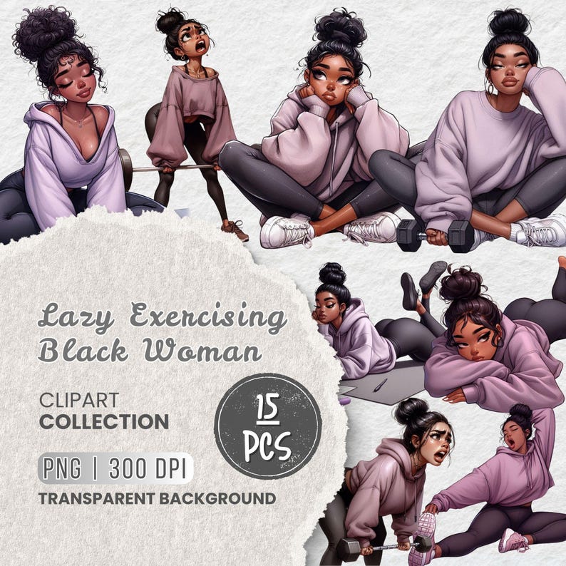 May include: A clipart collection featuring illustrations of a Black woman in various poses, including lifting weights and resting. The images are in a soft color palette of pink, gray, and white. Text on the image reads "Lazy Exercising Black Woman" and "Clipart Collection".