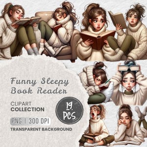Op de afbeelding: Een digitale clipartcollectie getiteld "Funny Sleepy Book Reader". De afbeelding bevat illustraties van een persoon die boeken leest in verschillende poses, gekleed in een witte trui, groene broek en sokken. De collectie bevat 19 PNG-afbeeldingen met een transparante achtergrond.