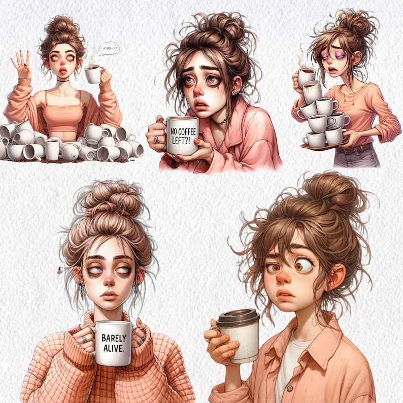 May include: Four illustrations of women with different expressions, each holding a coffee mug. The mugs have different text on them, including "No Coffee Left?" and "Barely Alive".
