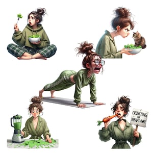 May include: Four illustrations of women with different expressions. One woman is sitting cross-legged and eating a salad. Another woman is doing a plank exercise. A third woman is holding a carrot and a sign that says "Crunching my dreams away." The last woman is holding a plate of salad and looking at a cat.