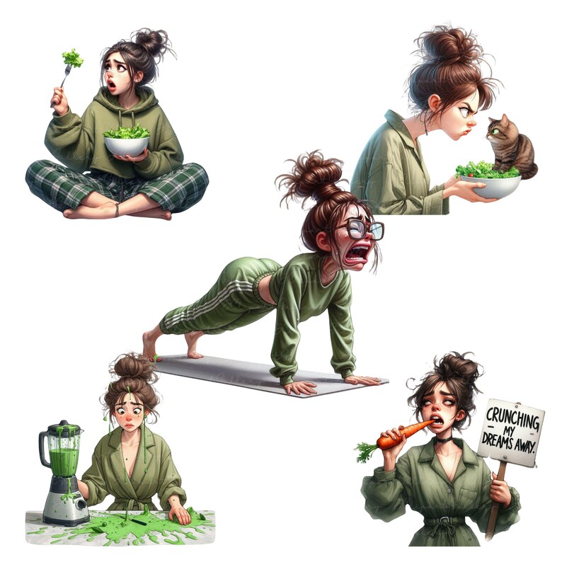 May include: Four illustrations of women with different expressions. One woman is sitting cross-legged and eating a salad. Another woman is doing a plank exercise. A third woman is holding a carrot and a sign that says "Crunching my dreams away." The last woman is holding a plate of salad and looking at a cat.