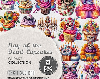 Day of the dead Cupcake Clipart set, Sugar Skull Clipart, Día de Los Muertos Clipart Floral La Catrina, Mexican Halloween design, Commercial