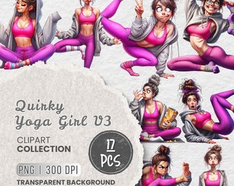 Quirky Yoga Girl Clipart Bundle, Cute Funny Yoga Poses, Wellness Art for Planner, Funny Diet Girl, Weight loss Girl, Workout Clipart, Crafts