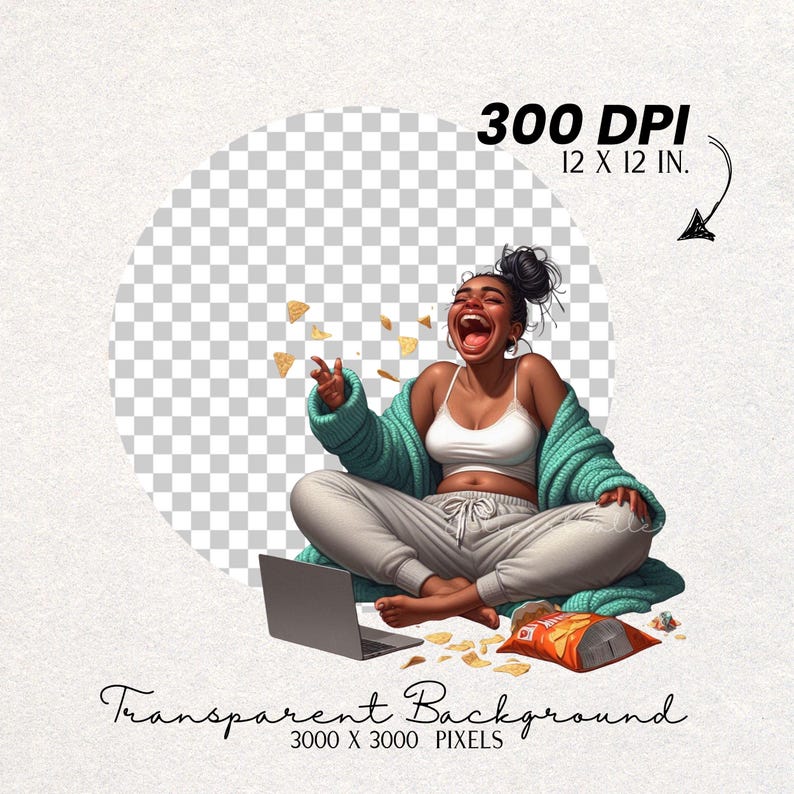 May include: Illustration of a person laughing while sitting on the floor with a laptop, chips, and a bag of chips. The person is wearing a white top, gray sweatpants, and a teal sweater. The image includes the text "300 DPI 12 X 12 IN." and "Transparent Background 3000 X 3000 PIXELS."