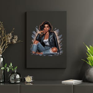 May include: A digital illustration of a woman with dark brown hair and skin wearing a black leather jacket, blue jeans, and silver jewelry. She is sitting on a bed of sparkling crystals.