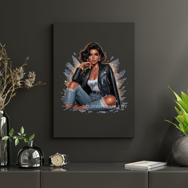 May include: A digital illustration of a woman with dark brown hair and skin wearing a black leather jacket, blue jeans, and silver jewelry. She is sitting on a bed of sparkling crystals.
