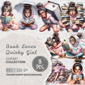 Amoureux des livres décalé Png Clipart 16, Booktrovert Clipart, Clipart Funny Girl, fille originale fantaisie, Junk Journal, carte de scrapbooking, Sublimation