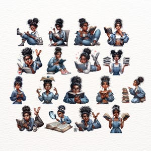 May include: A collection of digital stickers featuring a young woman with dark brown skin and curly hair reading books in various poses. The stickers are illustrated in a cartoon style with a whimsical and colorful aesthetic.