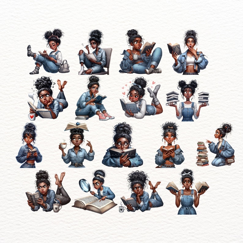 May include: A collection of digital stickers featuring a young woman with dark brown skin and curly hair reading books in various poses. The stickers are illustrated in a cartoon style with a whimsical and colorful aesthetic.
