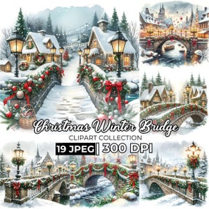 Può includere: Illustrazioni ad acquerello di ponti invernali natalizi. Le immagini presentano ponti innevati decorati con ghirlande, fiocchi rossi e ornamenti. Sono visibili anche edifici con finestre illuminate e lampioni. Il testo "Christmas Winter Bridge" e "Clipart Collection".