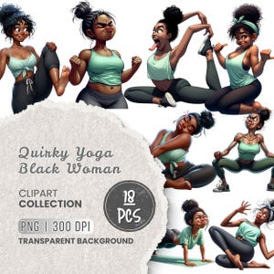 Puede incluir: Colección de imágenes prediseñadas digitales titulada "Quirky Yoga Black Woman". La imagen presenta ilustraciones de una mujer negra en varias posturas de yoga, con un top corto verde claro y leggings grises oscuros o verdes. La colección incluye 18 imágenes PNG con fondo transparente.