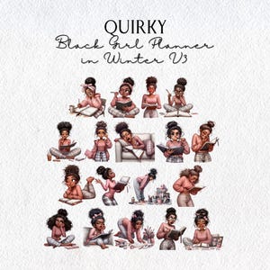 Peut inclure: Illustration num&eacute;rique pr&eacute;sentant plusieurs images de femmes noires lisant et &eacute;crivant dans diverses poses. Le texte "Quirky Black Girl Planner in Winter V3" est en haut. Les femmes portent des v&ecirc;tements roses et gris.