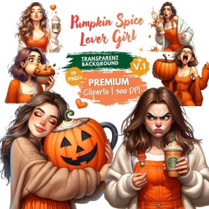 Kürbisgewürz-Liebhaberin-Clipart-PNG-Bundle, Herbstkaffee-Mädchen-PNG, Herbst-Latte-Clipart, Gemütliches Halloween-Mädchen-Sublimationsdesign