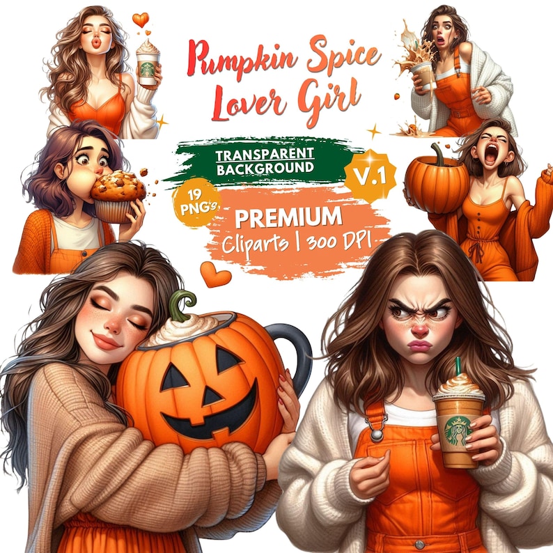 Pumpkin Spice Lover Girl Clipart PNG Bundle, Fall Coffee Girl PNG, Autumn Latte Clipart, Cozy Halloween Girl Sublimation Design image 1