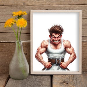 Puede incluir: Una ilustraci&oacute;n de dibujos animados de un hombre musculoso con una expresi&oacute;n seria, vistiendo un tanque blanco y un cintur&oacute;n marr&oacute;n. Est&aacute; apretando los pu&ntilde;os y tiene una mirada decidida.