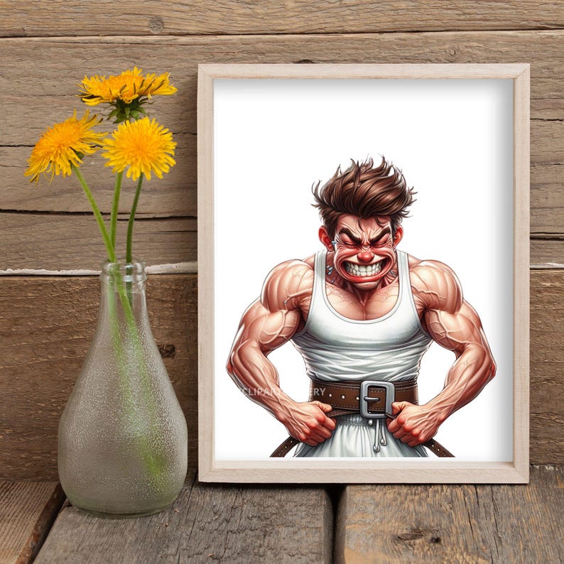 Puede incluir: Una ilustraci&oacute;n de dibujos animados de un hombre musculoso con una expresi&oacute;n seria, vistiendo un tanque blanco y un cintur&oacute;n marr&oacute;n. Est&aacute; apretando los pu&ntilde;os y tiene una mirada decidida.