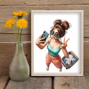 May include: A framed illustration of a person taking a selfie with a phone, wearing sunglasses, a teal top, and peach-colored pants. A suitcase and a peace sign are also visible. A vase with yellow flowers is on the left.