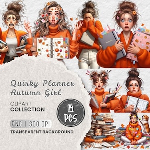 May include: A set of 14 digital planner stickers featuring cartoon girls with autumnal themes. The girls are wearing orange sweaters and have various accessories like books, pencils, and leaves. The stickers are perfect for adding a touch of whimsy to your planner.