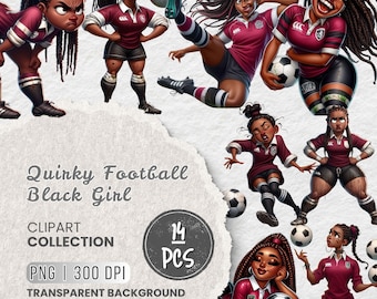 Pacchetto di divertenti clipart di ragazze nere che giocano a calcio, PNG di ragazze calciatrici eccentriche, atlete nere, illustrazioni di ragazze sportive, lavoretti, sublimazione