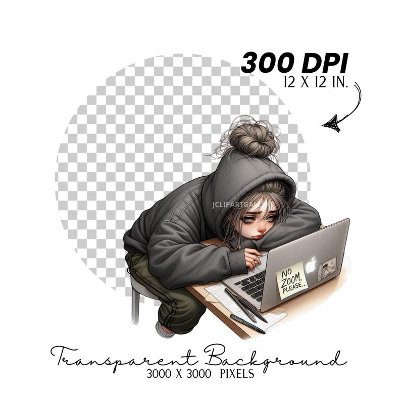 Puede incluir: Ilustraci&oacute;n digital de una persona con un mo&ntilde;o que lleva una sudadera con capucha gris, apoyada en un port&aacute;til. El port&aacute;til tiene una pegatina que dice "NO ZOOM PLEASE..". La imagen est&aacute; etiquetada como "300 DPI 12 X 12 IN."