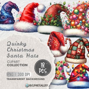 Quirky Christmas Santa Hat Clipart PNG Bundle, Christmas Clipart, Winter clipart, Whimsical Holiday Graphic, Xmas Sublimation, Silly Graphic