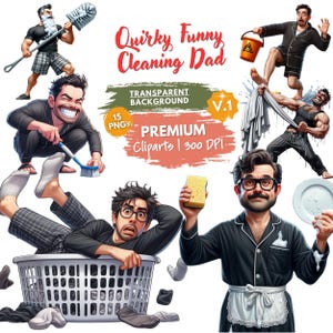 Clipart di papà stravagante che pulisce, PNG divertenti di papà che fa i lavori di casa, vita da papà, clipart divertenti per la famiglia, papà disordinato dei cartoni animati per adesivi, agende, sublimazione