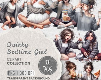 Skurriles verschlafenes Mädchen Png Clipart, lustiges Mädchen Clipart, Schlafenszeit Clipart, schrulliges Mädchen, Junk Journals, Scrapbooking, Scrapbooking, Kartenherstellung