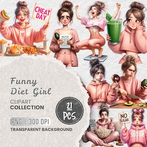 Rolig dietflicka Png Clipart, rosa fitness akvarell Clipart, färska sallader Clipart, viktminskningsflicka, pastellträning, träning Clipart