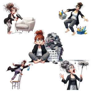 Puede incluir: Cinco mujeres de dibujos animados se muestran en diferentes escenas de tareas dom&eacute;sticas. Una mujer est&aacute; usando un secador de pelo para limpiar un sof&aacute; blanco, otra est&aacute; sosteniendo una cesta de productos de limpieza, otra est&aacute; sentada con una cesta de ropa llena de ropa, otra est&aacute; limpiando con una botella de spray y una fregona, y la &uacute;ltima mujer est&aacute; sosteniendo una escoba y mirando hacia el techo.