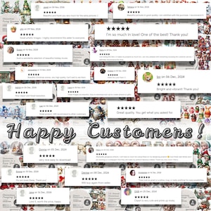 Op de afbeelding: Een collage van klantbeoordelingen met vijfsterrenbeoordelingen en tekstcommentaren, geplaatst over een achtergrond van diverse digitale illustraties in kerstthema, waaronder kabouters, fee&euml;n en feestelijke sc&egrave;nes met de tekst Happy Customers!