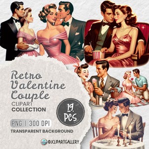 バレンタインのレトロなロマンス PNG クリップアート バンドル、1950 年代のカップルのイラスト、ビンテージのダンスとデートのシーン、ミッドセンチュリー スタイルの昇華 PNG