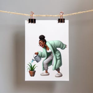 May include: Illustration of a person watering a plant. The person is wearing a mint green robe, gray sweatpants, and white slippers. The plant is in a brown pot, and the person is using a gray watering can. The image is hanging from a string with copper clips.