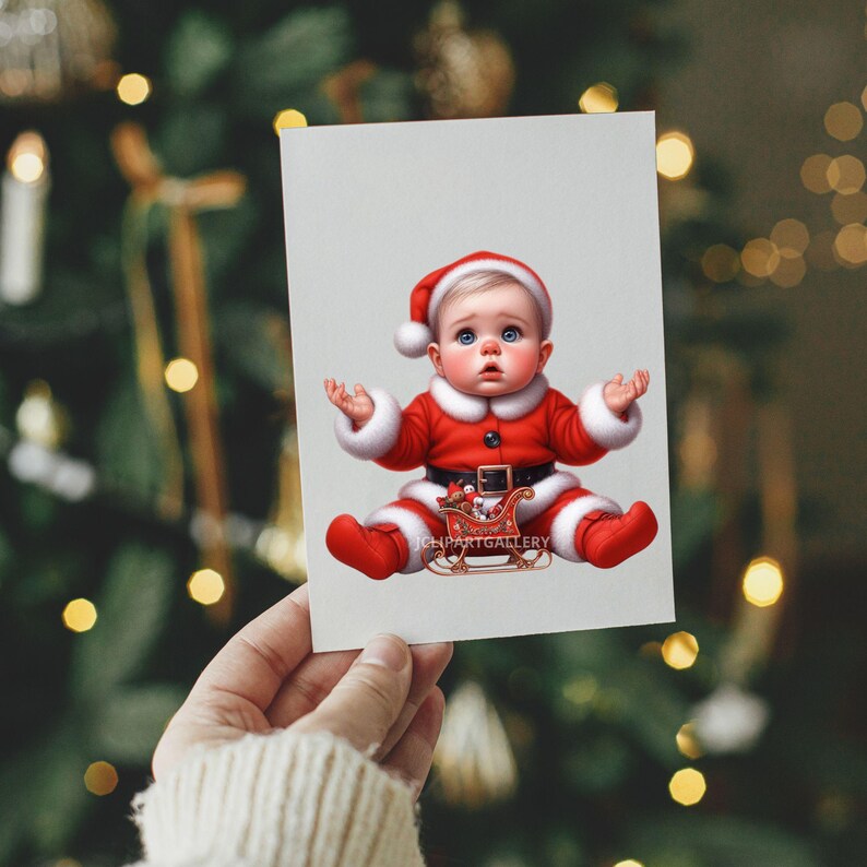May include: A Christmas card featuring a baby dressed in a Santa Claus outfit. The baby is wearing a red suit with white trim, a black belt, and a Santa hat. The baby is sitting with its arms raised. The card has the text "CHARTGALLERY".