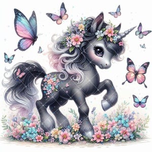 May include: A whimsical illustration of a gray unicorn with a floral mane and tail, surrounded by colorful butterflies and flowers. The unicorn has a silver horn and is set against a white background.