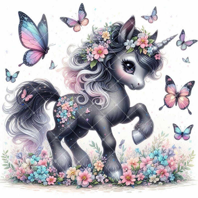 May include: A whimsical illustration of a gray unicorn with a floral mane and tail, surrounded by colorful butterflies and flowers. The unicorn has a silver horn and is set against a white background.