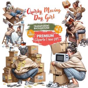 Moving Day Girl Clipart, Funny Moving Girl, Stressful Relocation Cartoon, Relocating Girl, Moving Planner, Stressed Girl, Sticker, Crafts