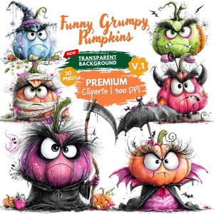 Funny Grumpy Pumpkin Halloween Clipart PNG, Cute Angry Pumpkin Characters Bundle, Spooky Monster Pumpkin, Halloween Sublimation Design