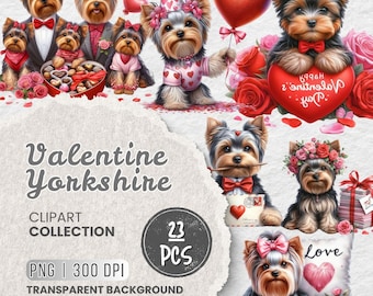 May include: A digital clipart collection of 23 Valentine's Day themed images featuring Yorkshire Terriers. The images include dogs wearing hats, holding hearts, and surrounded by roses. The text "Happy Valentine's Day" and "Love" are also included in the images.