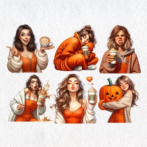 May include: Six digital illustrations of women in various poses, all wearing orange clothing and holding or drinking coffee. The illustrations are set against a white background.