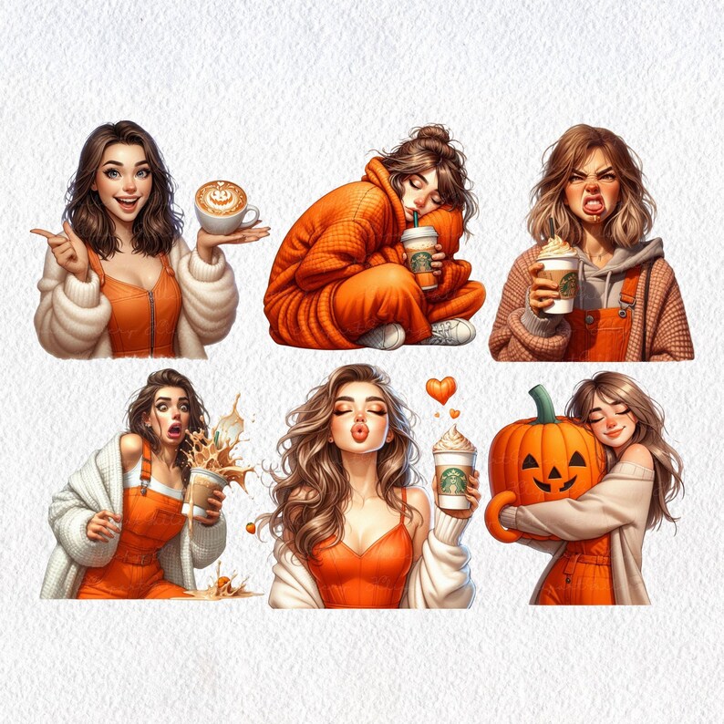May include: Six digital illustrations of women in various poses, all wearing orange clothing and holding or drinking coffee. The illustrations are set against a white background.