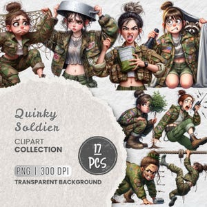 Soldier Clipart Bundle, Quirky Female Army Cartoon PNG, Funny Military Girl Graphics, Boot Camp Combat, Projects, Sublimation, Stickers
