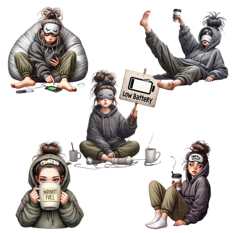 Puede incluir: Ilustraci&oacute;n digital de una persona con sudadera con capucha y antifaz en varias poses. Una sostiene un cartel que dice "Low Battery", otra bebe caf&eacute;. La taza dice "Introvert Fuel".